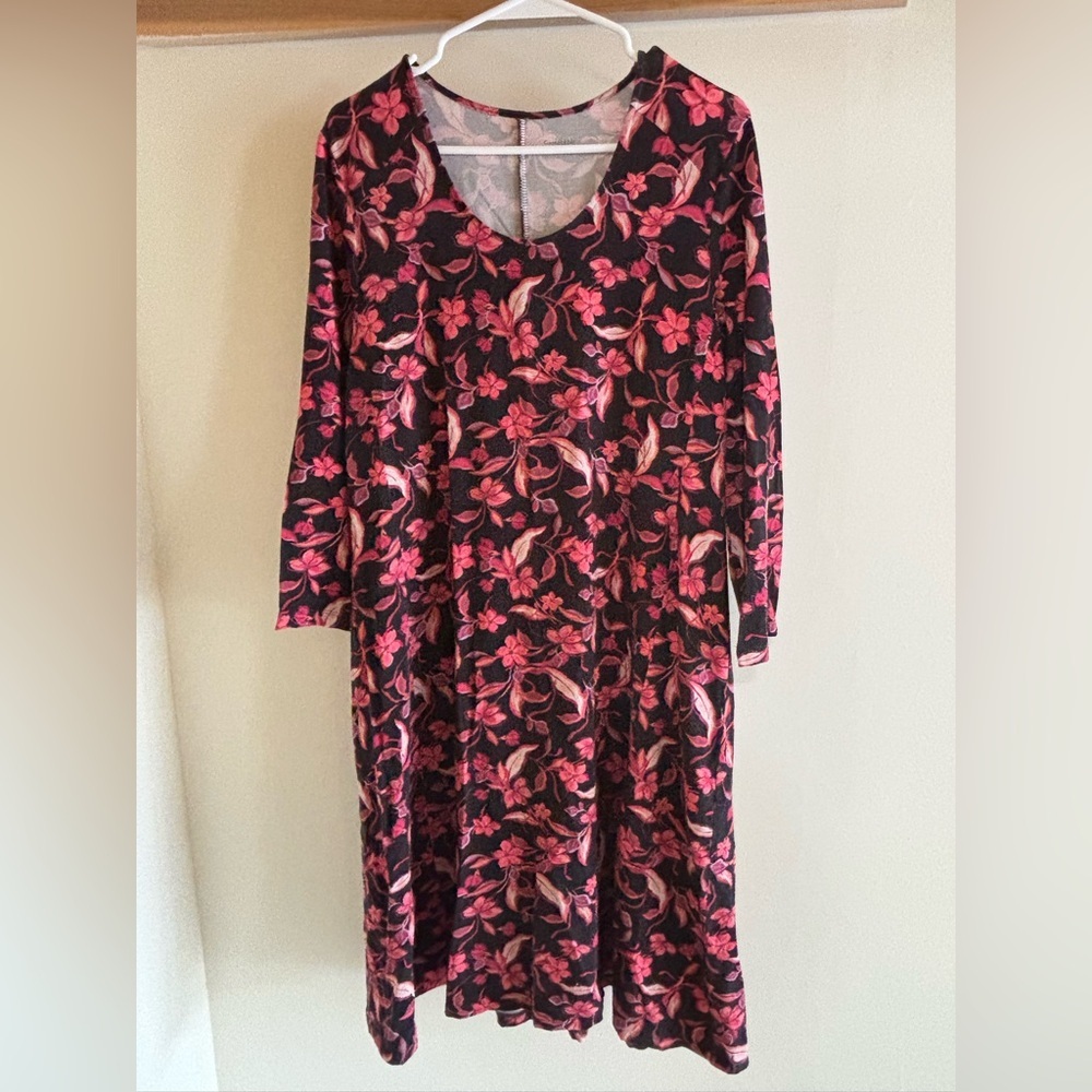 Garnet Hill Trapeze Dress Black‎ Pink Floral Size Large